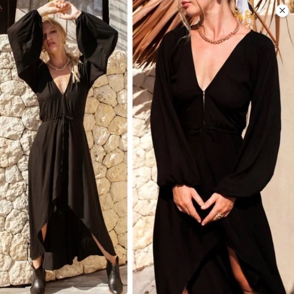 Bali ELF Linda Maxi Dress L Black Balloon Sleeve Boho Whimsigoth Peasant Witchy